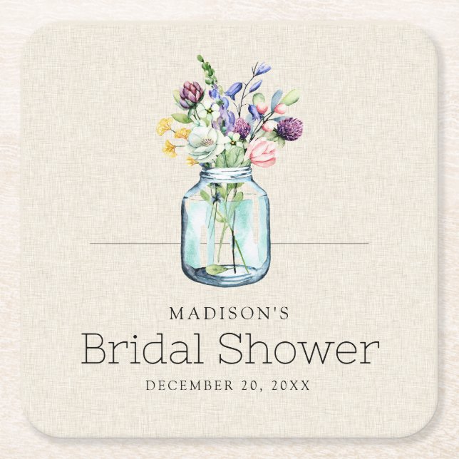 Posavasos Cuadrado De Papel Lluvia de Flores Acuarela sobre Lino: Bridal Showe (Anverso)