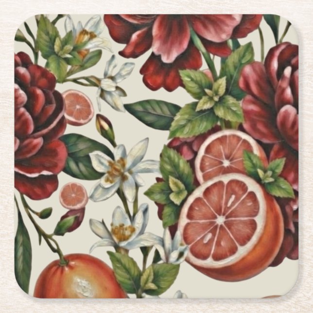 Posavasos Cuadrado De Papel Lluvia de flores cítricas rústicas de verano para  (Anverso)