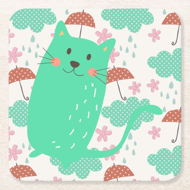 Posavasos Cuadrado De Papel Lluvia de gatos (Anverso)