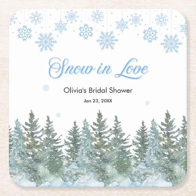 Posavasos Cuadrado De Papel Lluvia de nieve de pino en invierno Bridal Shower (Anverso)