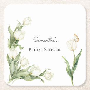 Posavasos Cuadrado De Papel Lluvia de Novia Mariposa Tulipanes Blancos  