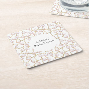 Posavasos Cuadrado De Papel Lluvia de Novia Perlas Glam Rosa Dorado