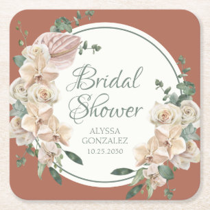 Posavasos Cuadrado De Papel Lluvia Nupcial de Acuarela Floral Tropical