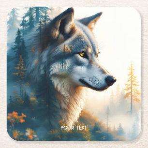 Posavasos Cuadrado De Papel Lobo de doble exposición de fantasía