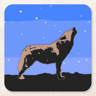 Posavasos Cuadrado De Papel Lobo en invierno - Arte de vida silvestre original
