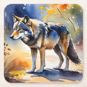 Posavasos Cuadrado De Papel Lobo en una pintura de acuarela del bosque
