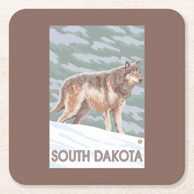 Posavasos Cuadrado De Papel Lobo gris StandingSouth Dakota (Anverso)