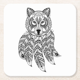 Posavasos Cuadrado De Papel Lobo inspirado con Dreamcatcher