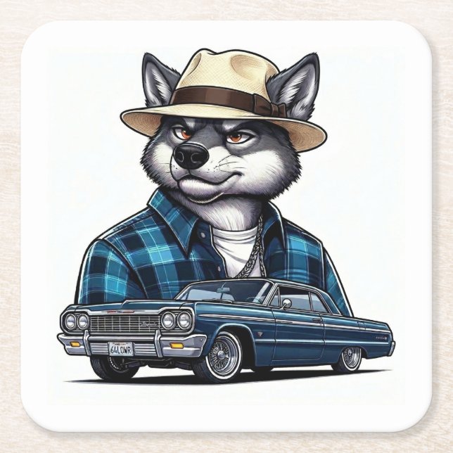 Posavasos Cuadrado De Papel Lobo Lowrider (Anverso)