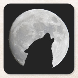 Posavasos Cuadrado De Papel Lobo oscuro y luna llena de noche