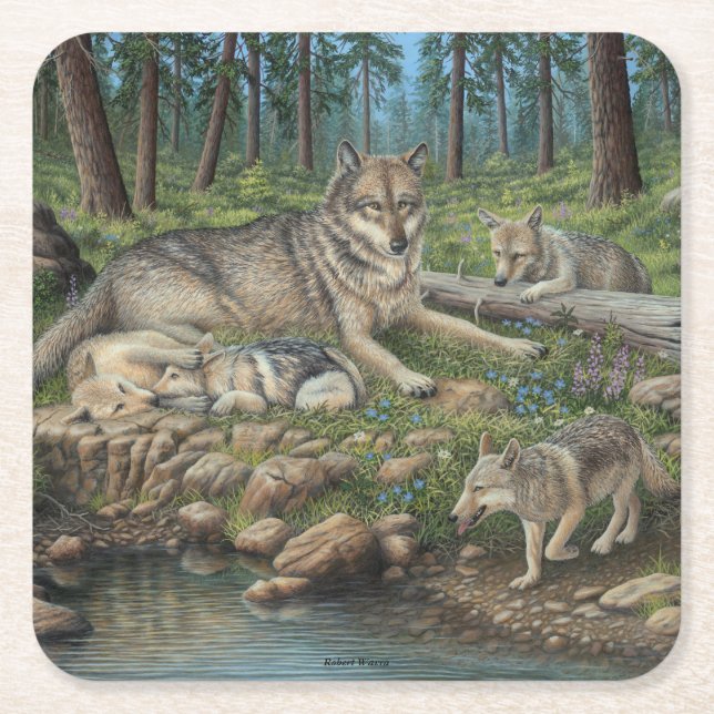 Posavasos Cuadrado De Papel Lobos grises (Anverso)