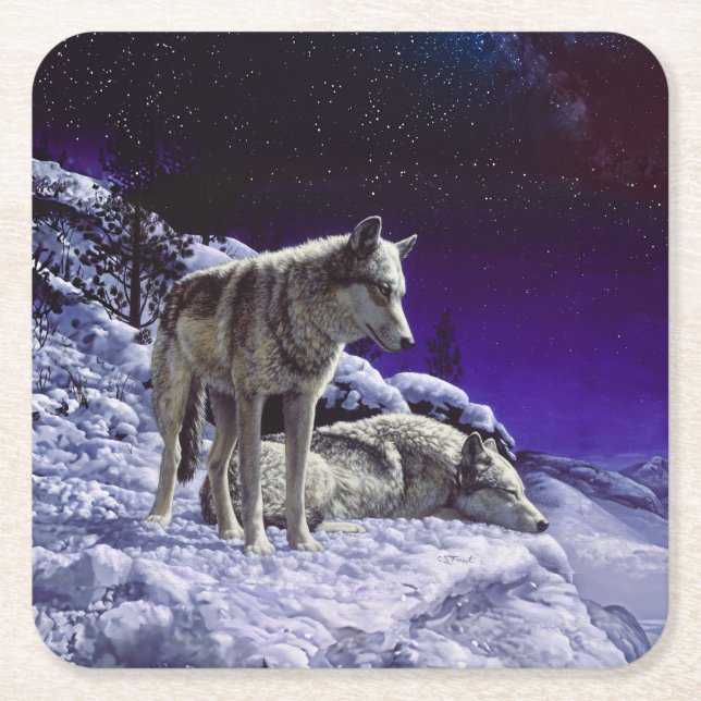 Posavasos Cuadrado De Papel Lobos grises en la nieve de invierno de noche (Anverso)
