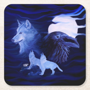 Posavasos Cuadrado De Papel Lobos y Raven con luna llena