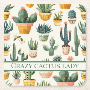 Posavasos Cuadrado De Papel "¡Loca cactus señora! texto sobre el diseño de un