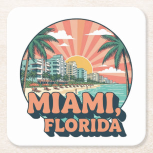 Posavasos Cuadrado De Papel Logotipo de Arte de Viaje Vintage Miami Florida 80