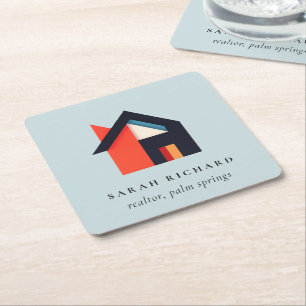 Posavasos Cuadrado De Papel Logotipo de casa colorida moderna para agente inmo