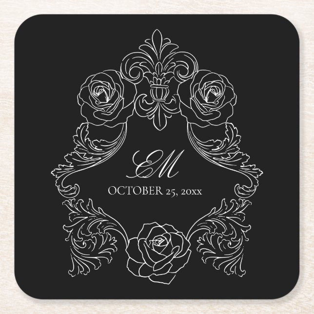 Posavasos Cuadrado De Papel Logotipo del Boda del Monograma Negro (Anverso)