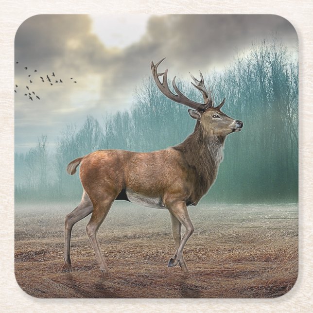 Posavasos Cuadrado De Papel Lone Deer In Misty Forest (Anverso)