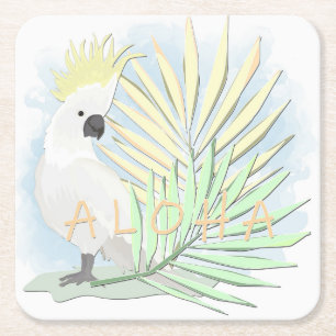 Posavasos Cuadrado De Papel Loro blanco, cacatú, hojas de palma, tropical
