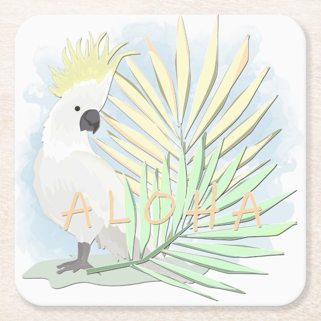Posavasos Cuadrado De Papel Loro blanco, cacatú, hojas de palma, tropical (Anverso)