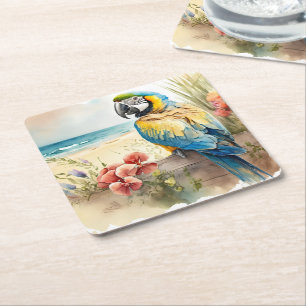 Posavasos Cuadrado De Papel Loro con flores tropicales