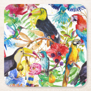 Posavasos Cuadrado De Papel Loros coloridos 2 de la acuarela