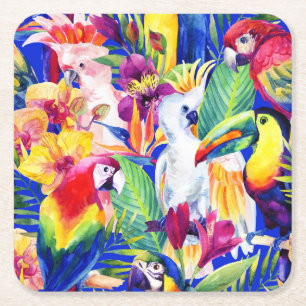 Posavasos Cuadrado De Papel Loros de la acuarela