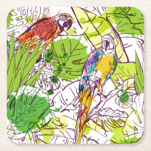 Posavasos Cuadrado De Papel Loros tropicales