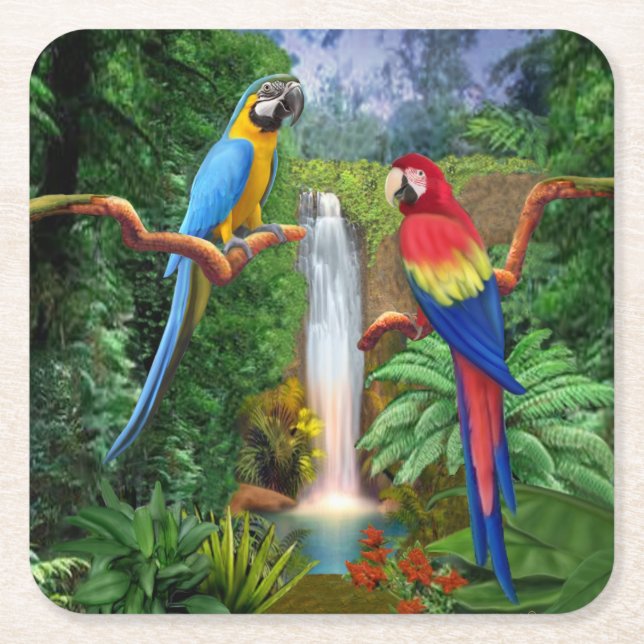 Posavasos Cuadrado De Papel Loros tropicales del Macaw (Anverso)