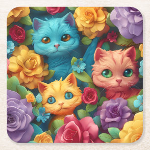 Posavasos Cuadrado De Papel Los gatos coloridos y las flores adorables diseños