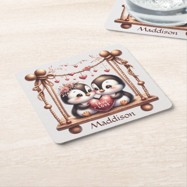 Posavasos Cuadrado De Papel Los pingüinos del amor verdadero día de San Valent (En perspectiva)