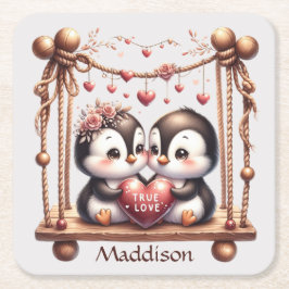 Posavasos Cuadrado De Papel Los pingüinos del amor verdadero día de San Valent