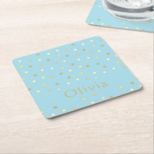 Posavasos Cuadrado De Papel Los puntos Pastel Blue Gold Confetti Personalizado
