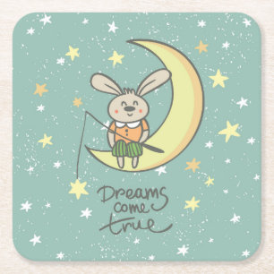 Posavasos Cuadrado De Papel Los sueños se hacen realidad   Bunny on the Moon