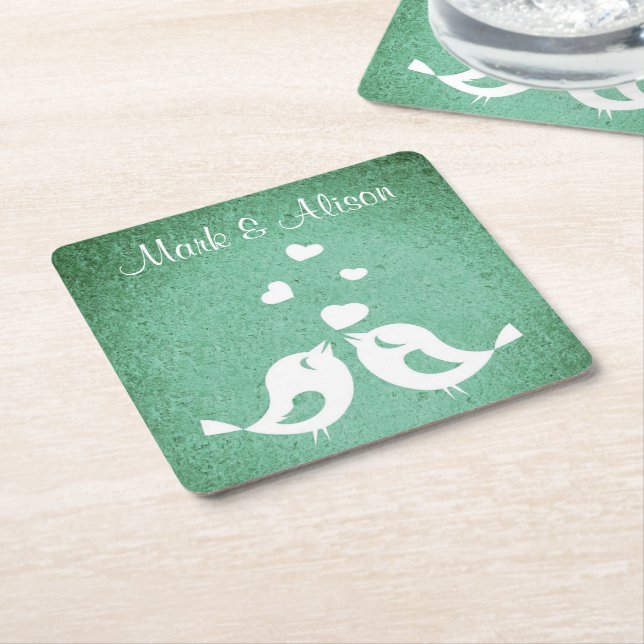 Posavasos Cuadrado De Papel Love Birds Elegant Green Personalised (En perspectiva)