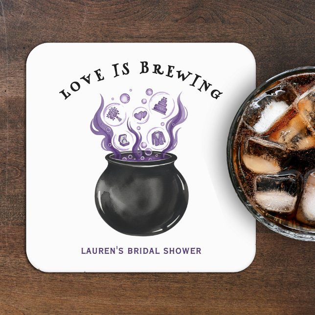 Posavasos Cuadrado De Papel Love is Brewing Cauldron Halloween Bridal Shower (Love is Brewing Cauldron Halloween Bridal Shower Square Paper Coaster
)