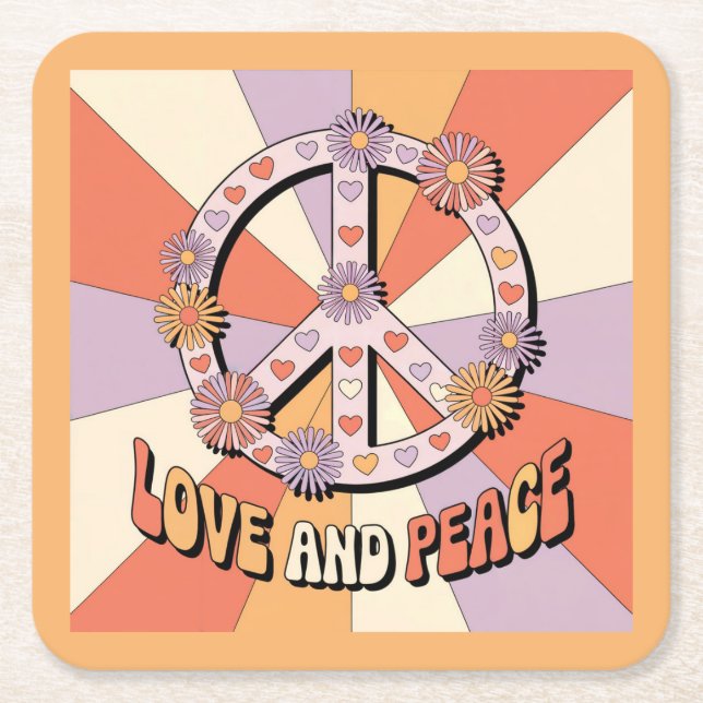Posavasos Cuadrado De Papel  Love Peace Sign Flowers  (Anverso)
