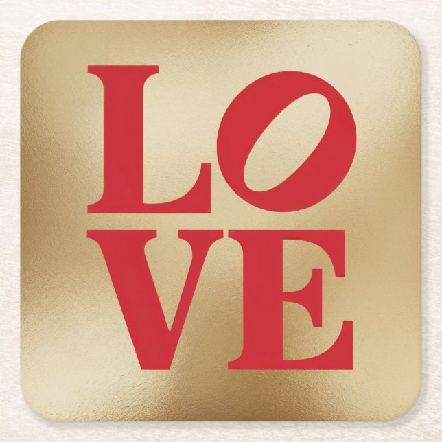 Posavasos Cuadrado De Papel LOVE Red Gold Typography Coaster Set (Anverso)