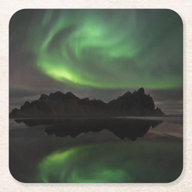 Posavasos Cuadrado De Papel Luces boreales | Vestrahorn Beach Hofn, Islandia (Anverso)