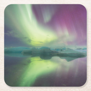 Posavasos Cuadrado De Papel Luces de Aurora en Laguna Jokulsarlon, Islandia
