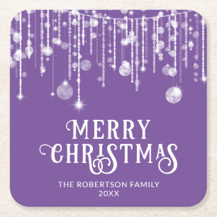 Posavasos Cuadrado De Papel Luces de Cadena Moradas Fiesta de Navidad