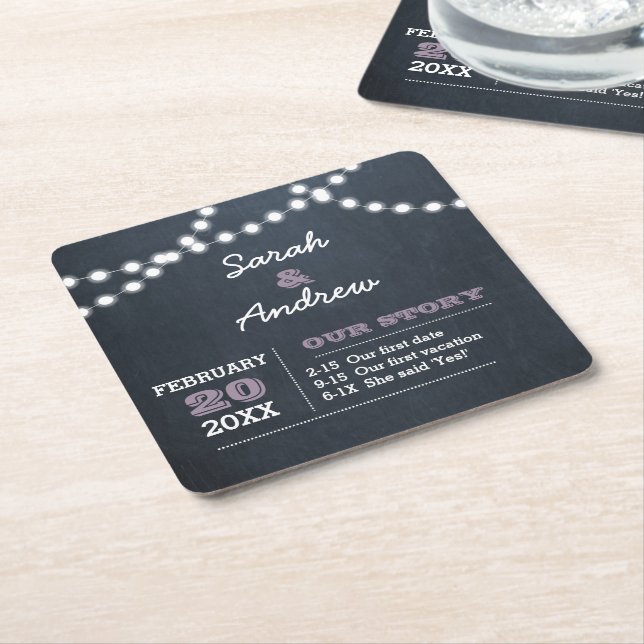 Posavasos Cuadrado De Papel Luces de Chalkboard Lilac Boda personalizado (En perspectiva)