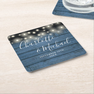 Posavasos Cuadrado De Papel Luces de Cuerda Azules Rusticas Bodas con Letra Pe
