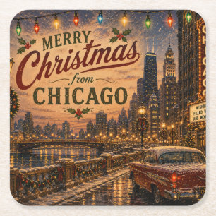 Posavasos Cuadrado De Papel Luces Navideñas de la Ciudad de Chicago en la Ruta