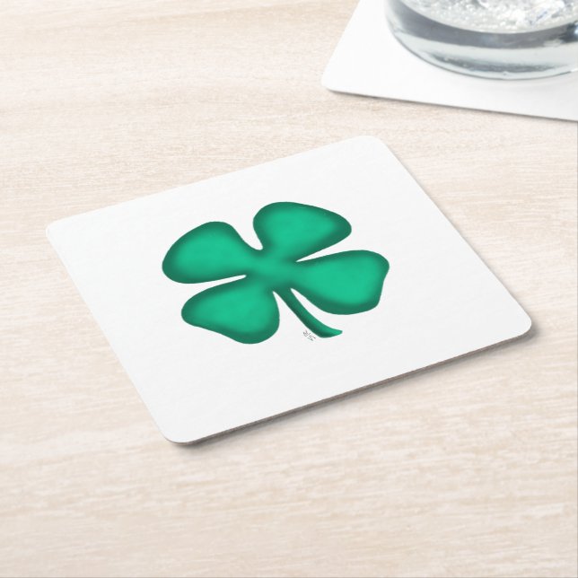 Posavasos Cuadrado De Papel Lucky 4 Capas de papel blanco Leaf Irish Clover (En perspectiva)