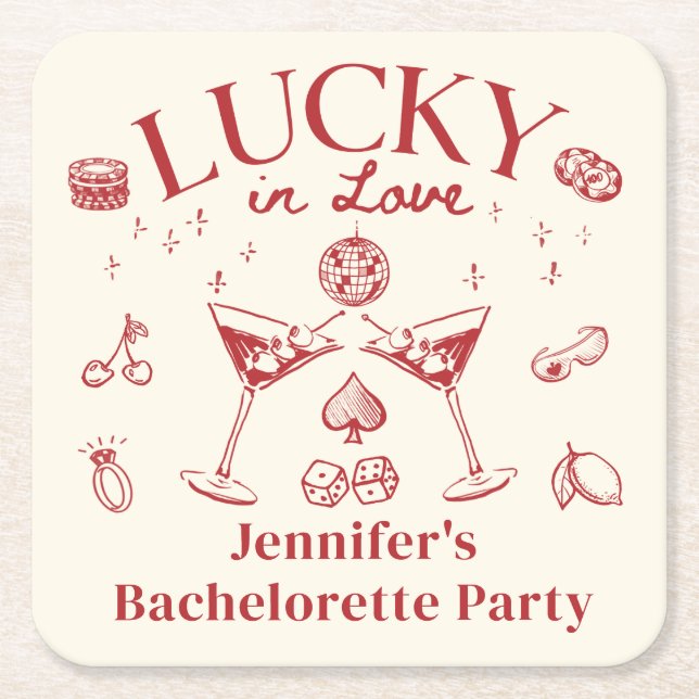 Posavasos Cuadrado De Papel Lucky In Love Coctail Bachelorette Party Classic (Anverso)