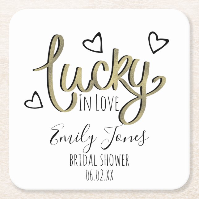 Posavasos Cuadrado De Papel Lucky in Love Hearts Bridal Shower (Anverso)