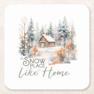 Posavasos Cuadrado De Papel Lugar de nieve como casa, Navidades de cabaña de m