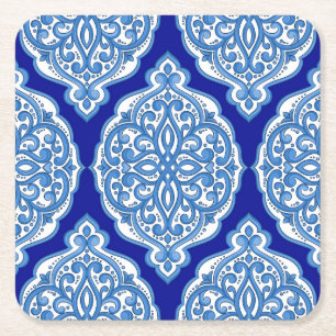 Posavasos Cuadrado De Papel Lujo blanco-azul, ornamento turco.