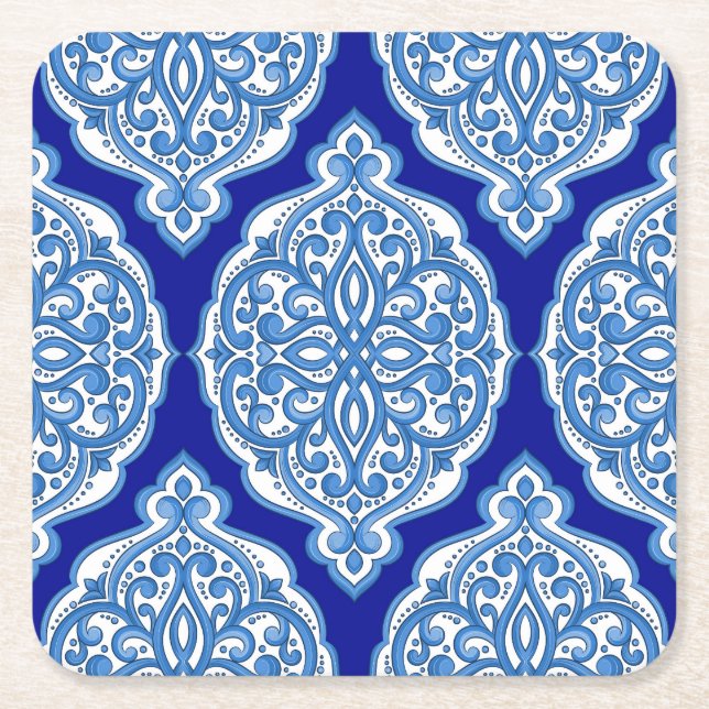 Posavasos Cuadrado De Papel Lujo blanco-azul, ornamento turco. (Anverso)